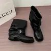 Botines plisados de diseño único para mujer, nuevo modelo 2026, punta redonda, tacón grueso, estilo vaquero western, botines cortos para chica atrevida