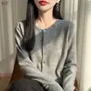 Cárdigan de punto con pedrería gris de alta gama para mujer, prenda exterior de primavera y otoño, nuevo suéter base de manga larga con cuello redondo adelgazante