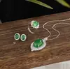Prata Esterlina S925 Calcedônia Verde Gelo Ovo de Pombo Colar Brincos Anel Dedo Feminino Novo Jade Chinês Moda Nacional Pingente conjunto