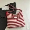 Bolsa Tote de Ombro de Lona Listrada Dupla Face com Aparência Sofisticada, Nova Coleção Primavera 2025, Grande Capacidade, Casual para o Trabalho