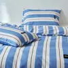 Xiang Ling Premium Sencillo Estilo Ins 100% Algodón Rayas Algodón Puro Juego de Cama de Cuatro Piezas: Sábana, Funda de edredón, Funda de almohada