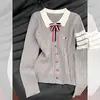 Bordado de cachorrinho com laço Gola polo Cardigã de tricô estilo faculdade coreana feminino outono suéter de tricô trançado jaqueta top