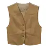 COMOS CMS 2026 Otoño Chaleco sin mangas de retazos de gamuza y lino con cuello en V y tiras en la espalda para mujer 260006