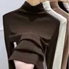 Camiseta Básica Ajustada de Estilo Coreano Cálida para Mujer para Otoño e Invierno Moda Femenina Blanca de Cuello Medio Alto Manga Larga