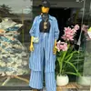 Moda Femenina Transfronteriza Europea y Americana Primavera 2026 Nuevo Elegante Conjunto de Camisa Larga Azul a Rayas y Pantalones de Pierna Ancha