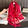 Bufanda Nueva de Imitación Seda con Perlas para Primavera y Otoño para Mujer Elegante y Versátil Bordada Flor de Begonia Bufanda Larga Verano Protector Solar Bufanda de Gasa