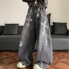 Calça Jeans Masculina Retro Americana Lavagem Cruzada Estampa de Corrente 2025 Nova Solta Caída Casual Perna Larga