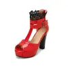 Nuevas Sandalias de Dedo Grueso con Encaje de Caña Alta 32 Zapatos Sandalias Comercio Exterior Huecas Zapatos de Tacón Alto Blanco Rojo Negro