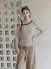 Camiseta de manga larga con hombros descubiertos y tirantes a rayas azul marino estilo coreano para mujer, diseño corto ajustado para otoño