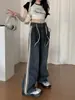 Jeans da Marca Americana Retro Tendência para Mulheres, Calças de Cintura Alta Wide Leg Plus Size, Calças Retas Emagrecedoras e que Cobrem o Quadril, Calças Compridas