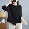 T-shirt Plus Size Menina Cheinha Estilo Coreano Gola Redonda Feminina Primavera e Outono Solta Emagrecedora Estilo Nacional Fivela Bainha Irregular Moletom Casual