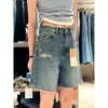 Shorts jeans azuis rasgados para mulheres, estilo fino de verão, plus size, cintura alta, modelador, adequado para corpo tipo pera, shorts de perna larga de comprimento médio