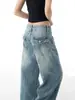 Pantalones de Mezclilla Rectos de Pierna Ancha Lavados en Azul Claro con Efectos de Bigotes, Estilo Retro Americano de Tiro Bajo Holgados, Pantalones Adelgazantes de Largo Completo