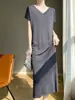 Vestido de punto para mujer, color liso, cuello en V delantero y trasero, estilo casual suelto para el trabajo, seda helada, con cuentas, delgado, por encima de la rodilla
