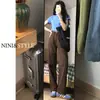 Calça Jeans Marrom de Perna Larga Estreita Feminina Nova Primavera e Outono 2024 Marrom Retrô Americano Cintura Alta Solta Reta