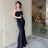 Vestido largo de noche de cumpleaños sexy negro con lazo estilo francés, vestido de cola de pez para ocasión formal estilo Hepburn