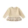 Camiseta de manga larga para bebé e infante con dobladillo de cuadros de malla, nueva base versátil elegante casual de otoño para niñas