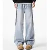 Calça Jeans Listrada Azul Vintage para Homens Tendência Americana High Street Design Cool Patchwork Solta de Perna Larga