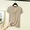 Camiseta Feminina Modal de Verão Nova com Decote V Manga Curta Simples Versátil Modeladora Camada Base Solta Casual Tamanho Grande Top
