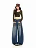 YECHUAN # Jeans de mujer de tiro bajo con bordado en los bolsillos, colección otoño 2026, corte holgado, adelgazante, pierna ancha, pantalones de largo hasta el suelo