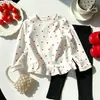 Camada Base Manga Longa para Meninas Estilo Novo Primavera e Outono Estampado Poá Estampa de Leopardo Babado Top de Algodão Infantil Estilo Coreano Roupa Infantil