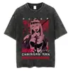 Camiseta Vintage Lavada do Anime Chainsaw Man com Gola de Marinheiro e Padrão Listrado, Camiseta Unissex Respirável e Confortável, Fabricada na China
