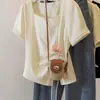 Camiseta Assimétrica com Cordão, Gola Quadrada, Manga Curta, Plus Size, para Mulheres, Verão, Nova, para Gordas, mm, Solta, Efeito Emagrecedor, Peça Externa Versátil