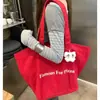 Bolsa Tote de Lona com Letras de Grande Capacidade Estilo Coreano Preguiçoso para Mulheres, Bolsa para o Dia a Dia, Bolsa de Mão Vermelha Casual e Versátil