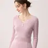 Suéter 100% cachemira pura para mujer, cuello en V, con un botón decorativo, corte ajustado, manga larga, estilo jersey, capa base de punto