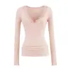 Top de encaje sexy con escote en V profundo, puramente deseable, para mujer, principios de otoño, cintura fruncida, adelgazante, borde ondulado, camiseta de manga larga