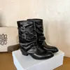 Botas de montaria com salto grosso femininas retrô emagrecedoras slouchy de cano médio fivela de cinto plissada botins de salto alto botas de perna de calça estilo spicy girl macias