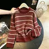 Suéter de gola redonda listrado para mulheres, estilo preguiçoso de outono, toque de alta qualidade, espessado para outono e inverno, projetado como um top de camada base