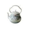 Tetera de Porcelana Azul y Blanca Pintada a Mano con Asa de Lazo Rosa, Exquisita Tetera Hecha a Mano de Cerámica Arita para Juego de Té Gongfu