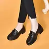 Sapatos femininos populares de salto grosso, novo estilo outono 2026, casuais e confortáveis, estilo britânico retrô, sem cadarço, bico redondo, sapatos de couro