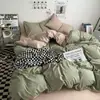 Juego de Cuatro Piezas de Algodón Puro Lavado Estilo Sueño Nude, Sábana Bajera y Funda Nórdica Estilo Ins Amigables con la Piel, Juego de Tres Piezas de Sábana Bajera para Cama de Dormitorio Fresco Pequeño