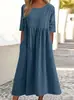 Comercio Exterior Transfronterizo 2025 Primavera/Verano Nuevo Estilo Cuello Redondo Manga Corta Talla Grande Casual Holgado Largo Color Sólido Vestido de Algodón y Lino
