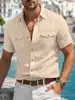 Camisa de Lino para Hombre Verano 2026 Transfronteriza Europea y Americana Moda Bolsillo Doble Estilo Ropa de Trabajo Color Sólido Manga Corta Cuello Campana