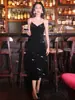 Estilo Francés Lujo Ligero Elegante Estilo Hepburn Terciopelo Negro Tirantes Vestido de Lentejuelas Otoño Brillante Deslumbrante Delgado Vestido Cola de Pez