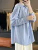 Tejido transfronterizo cárdigan de punto a rayas con cuello polo suéter de punto con solapa en color azul chaqueta de punto para mujer