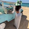 Saia de Praia Nova Europeia e Americana 2025 Feminina Cor Pura Sexy Tricotada Biquíni de Praia Maiô Vestido Feminino