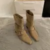 Botines de estilo occidental con punta cuadrada para mujer 2026, diseño retro versátil, botines de otoño de estilo francés hasta la pantorrilla, nuevo modelo de nicho