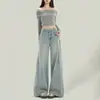 Jeans Retro Azul Claro Sueltos de Pierna Ancha para Mujer, Pantalones Rectos Versátiles de Cintura Alta de Nuevo Estilo Americano, con Caída, para Figura de Pera