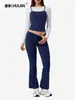 Bestseller transfronterizo: Conjunto deportivo de tres piezas en bloques de color con capas, que incluye bralette, top de manga larga, cintura con doblez y pantalones acampanados para fitness casual