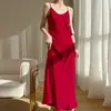 Nuevo Vestido de Verano 2024 para Mujer con Escote en V y Tirantes Falda Larga Elegante de Satén Color Sólido Versátil