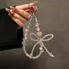 Correa de Teléfono de Fresa Moderna y Fresca con Lazo, Perlas, Cristal, Pulsera Corta para Muñeca, Cadena de Mano