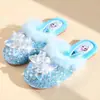 Chinelos de Algodão para Meninas Outono e Inverno Novo Estilo Elsa Princesa Meio Chinelo de Pelúcia Desenho Animado Fofo Chinelos de Casa para Crianças Dedos