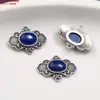 Anillo Doble de Plata de Ley S925 Incrustado con Lapislázuli y Ágata Roja del Sur Accesorios Doble Oreja Ruyi Vintage Desgastado Materiales Hechos a Mano para DIY
