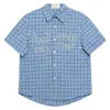 Roupas Masculinas Retro Americano Xadrez Ombro Direito Manga Curta Camisa Feminina Design de Miçangas Casual Curta Verão Camisa