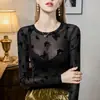 [Hecho a medida] Blusa transparente con estampado de mariposas negras para primavera/otoño para mujer, cuello redondo, corte ajustado, encaje ligeramente transparente