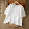 Blusa bordada de algodão e linho étnico, decote V, nova camisa 2026, blusa de verão artística estilo chinês, solta, com botões, vintage